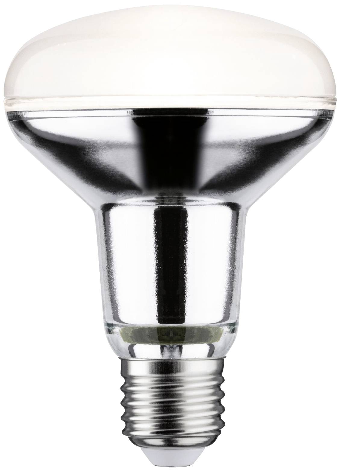 Une ampoule argentée et réfléchissante à culot à vis, adaptée aux luminaires LED, sur fond blanc.
