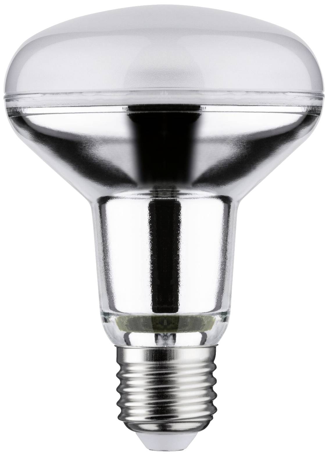 Ampoule argentée à culot à vis. Sa forme ressemble à celle d'un champignon. Elle réfléchit la lumière et sert à l'éclairage.