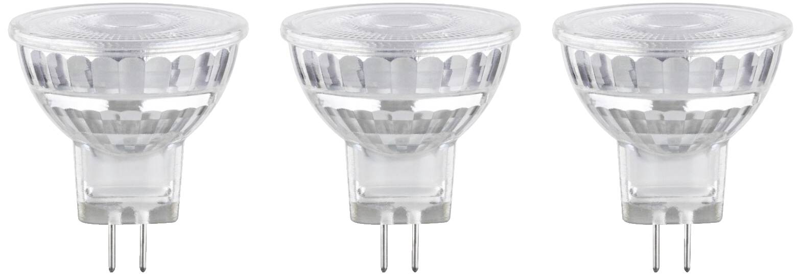 Trois projecteurs LED à culot GU5.3 côte à côte. Chaque projecteur est transparent et doté d'un réflecteur dentelé.