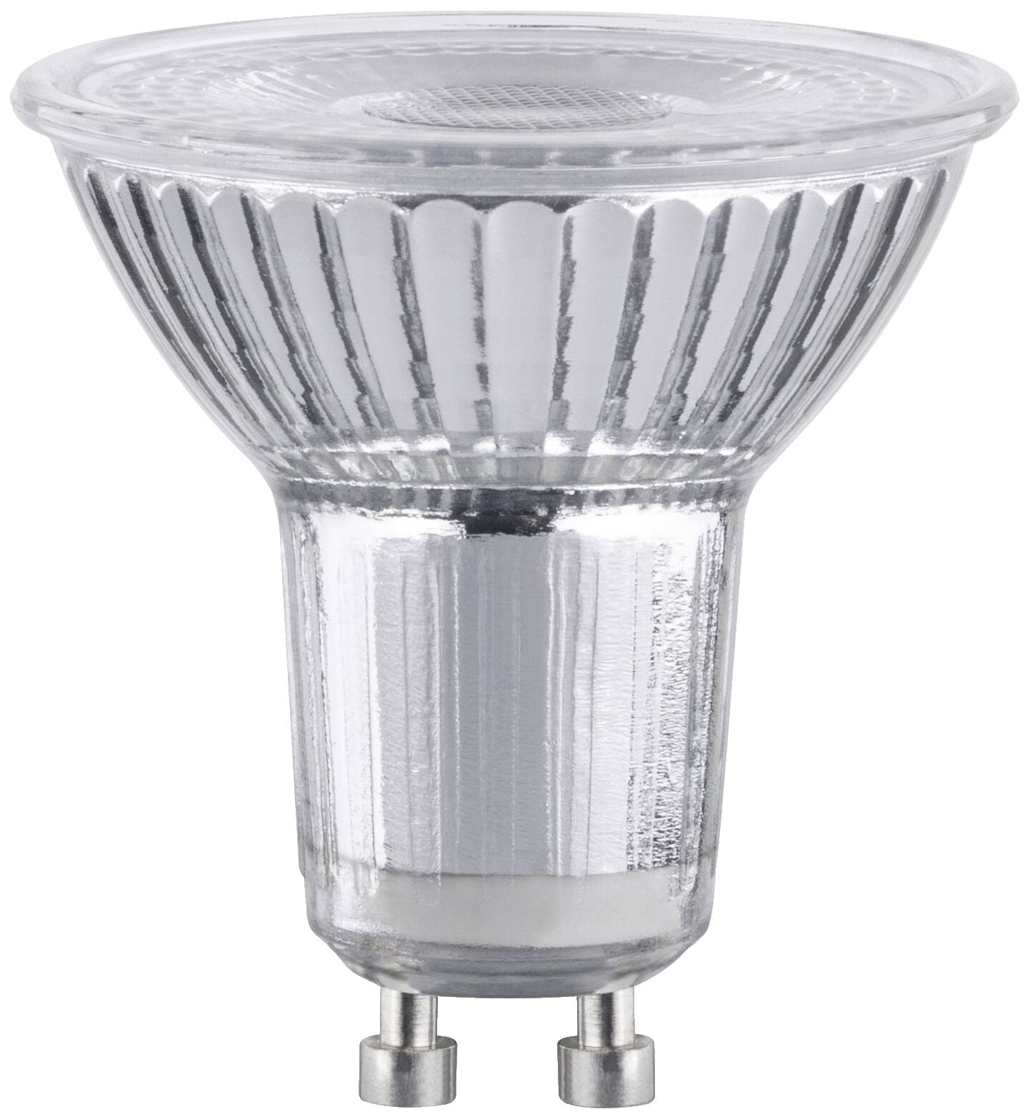Une lampe spot LED transparente avec culot GU10, debout, sur un fond blanc.