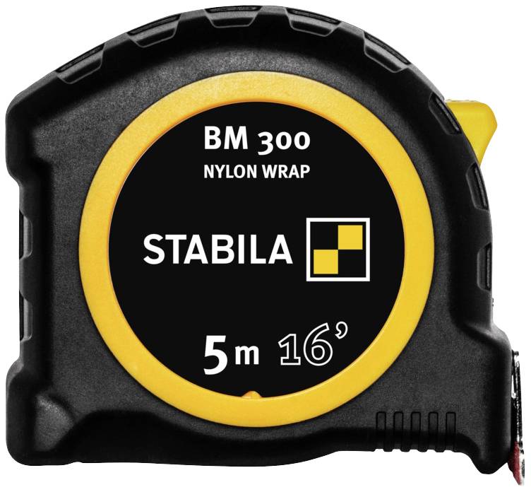 Mètre ruban 'Stabila', modèle 'BM 300', longueur de 5 mètres, combinaison de couleurs jaune et noir.