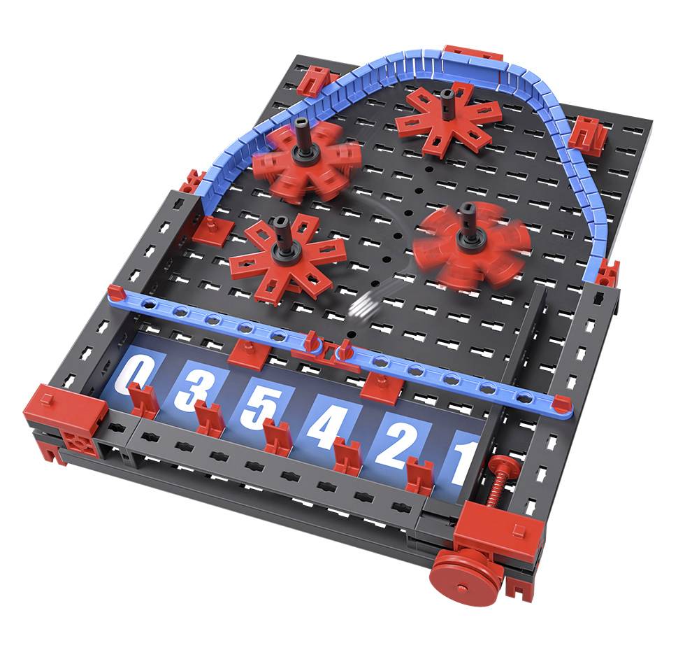 Un compteur mécanique noir et rouge avec des engrenages et des volets numérotés (0-5) en plastique, affichant '035421'.
