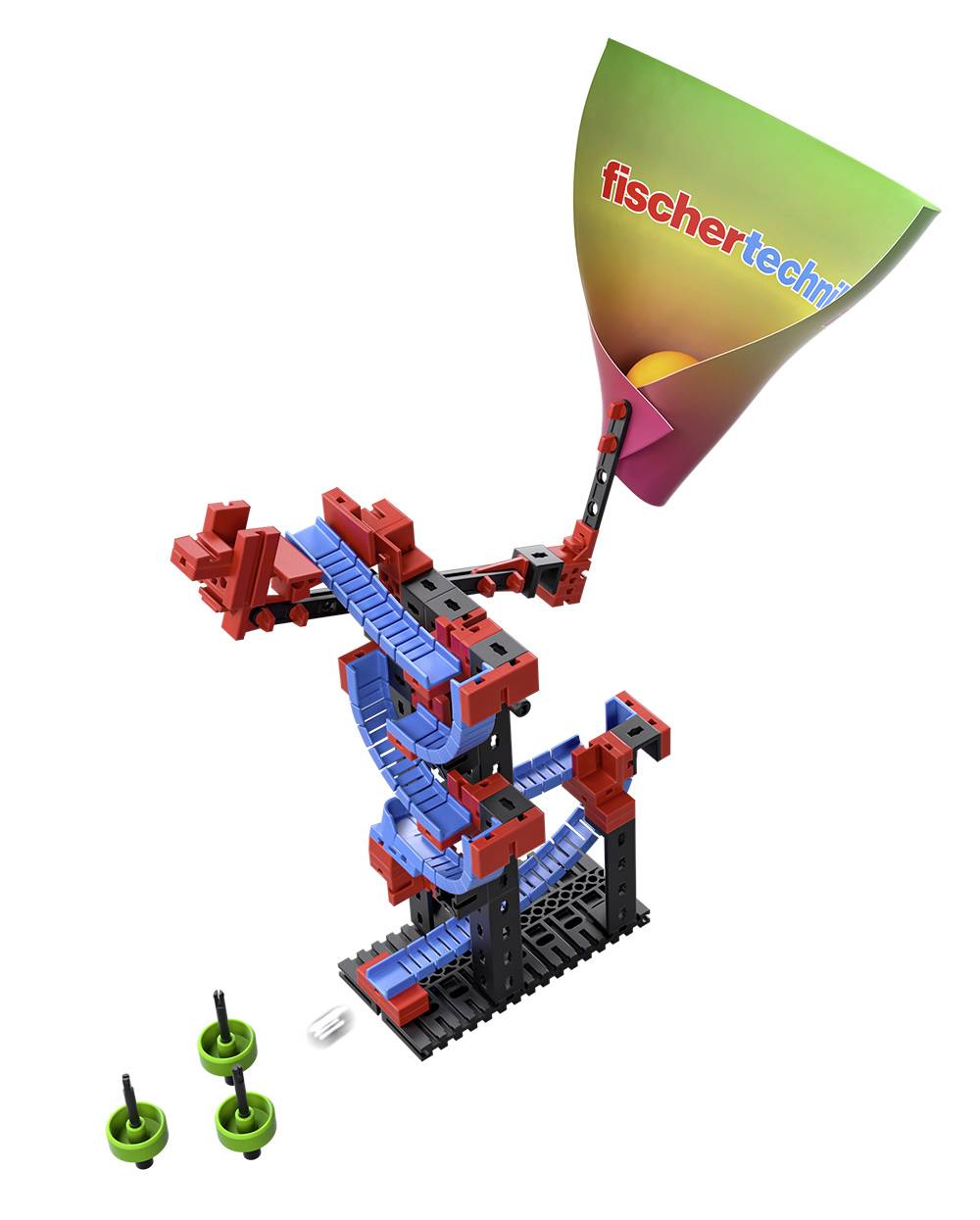 'Modèle de circuit de billes Fischertechnik avec des blocs bleus et rouges et un entonnoir en haut, trois pieds de support verts et une bille blanche.'