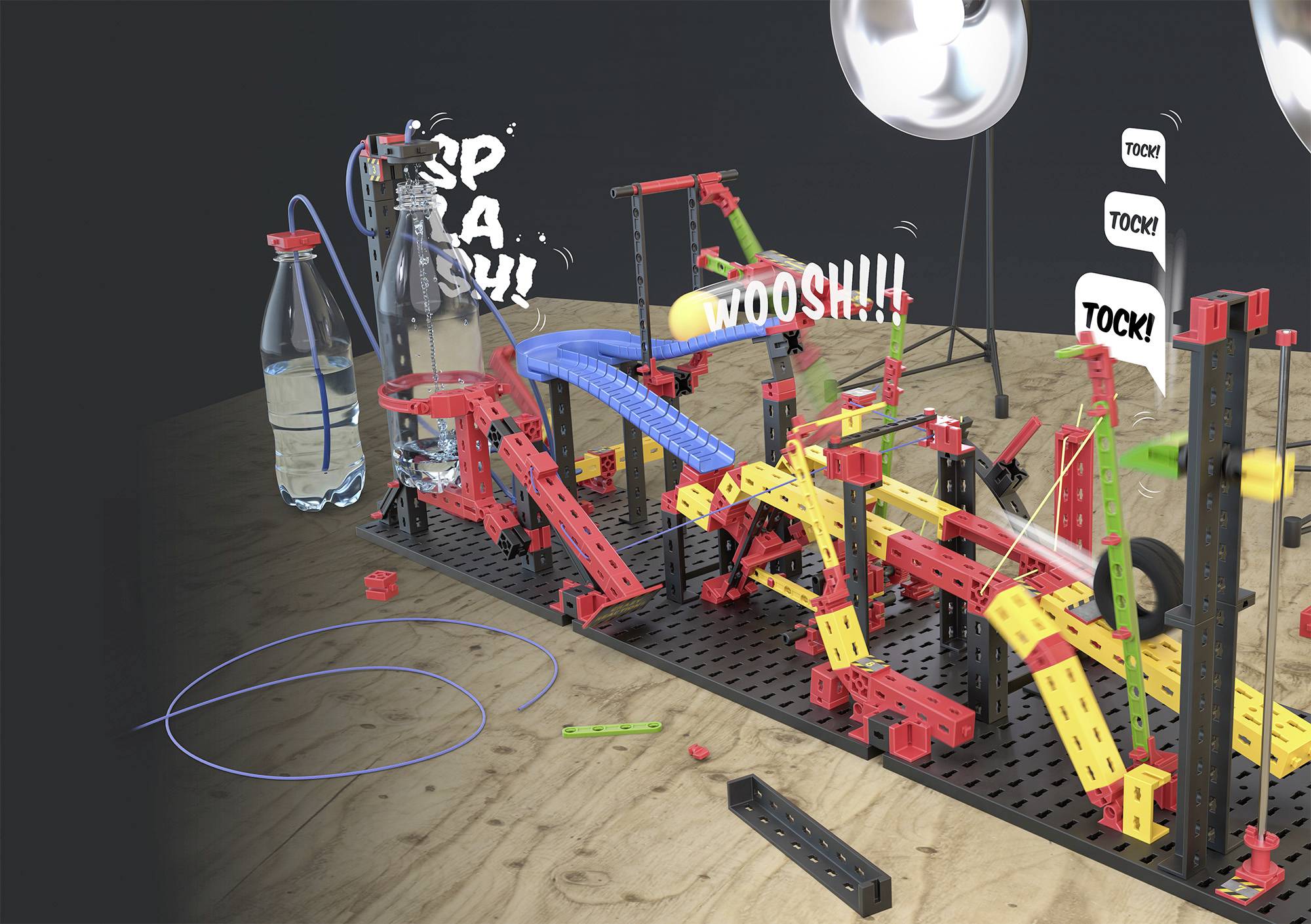 Une machine à réaction en chaîne met en mouvement des pièces colorées, tandis que des bouteilles d'eau sont renversées et que des bruits comme 'WOOSH !' et 'SPLASH !' retentissent.