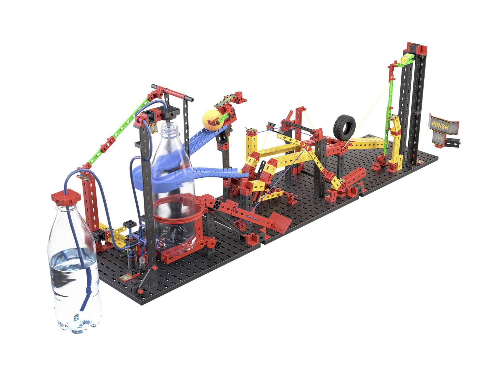 Coffret expérimental avec une réaction en chaîne composée de pièces colorées en plastique et de bouteilles d'eau, illustrant des principes de physique.