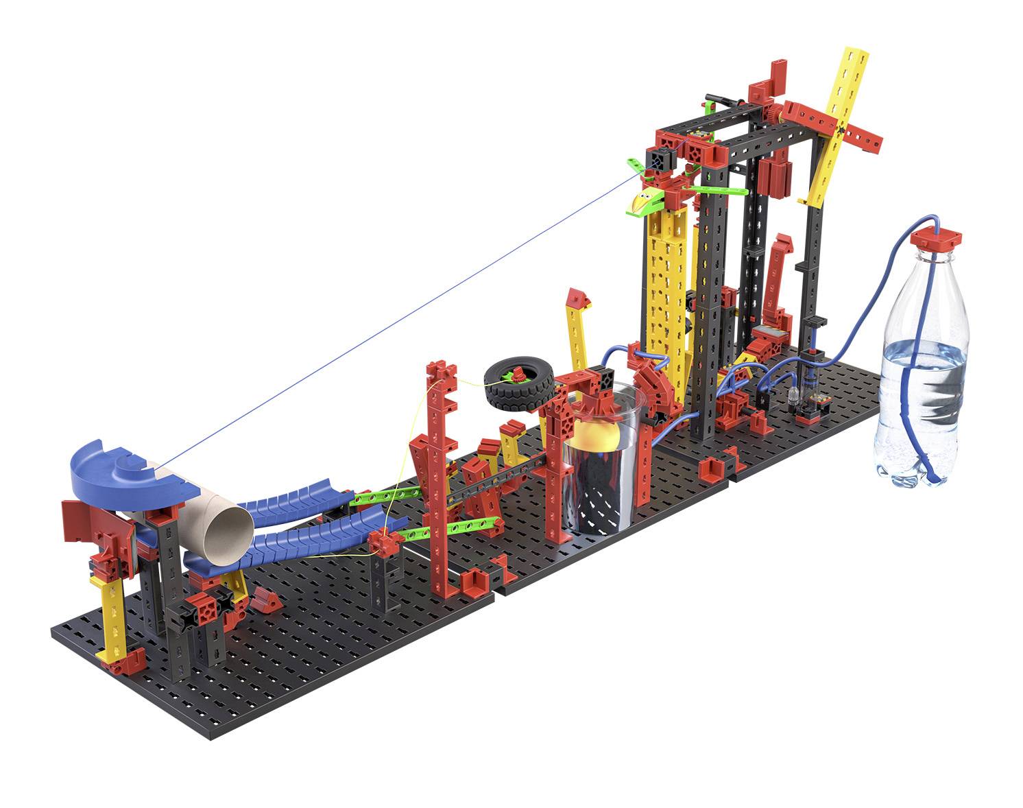 Une machine à réaction en chaîne construite avec des blocs colorés et une bouteille d'eau. Elle illustre une séquence complexe de mouvements et d'interactions.