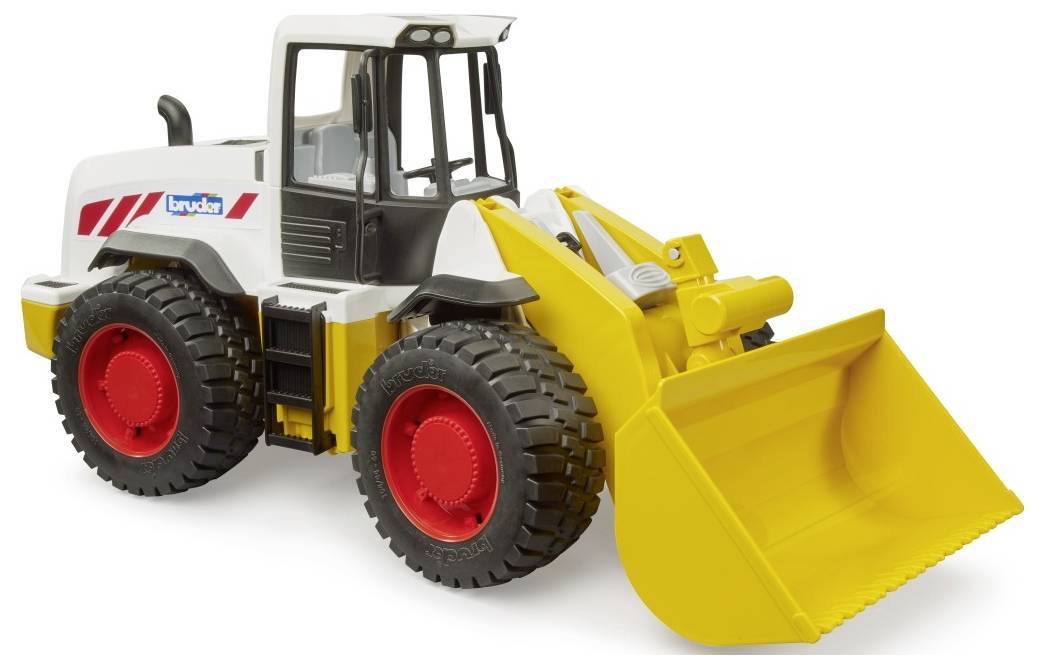 Un chargeur jouet avec de grandes roues rouges, une cabine blanche et un grand godet jaune à l'avant.