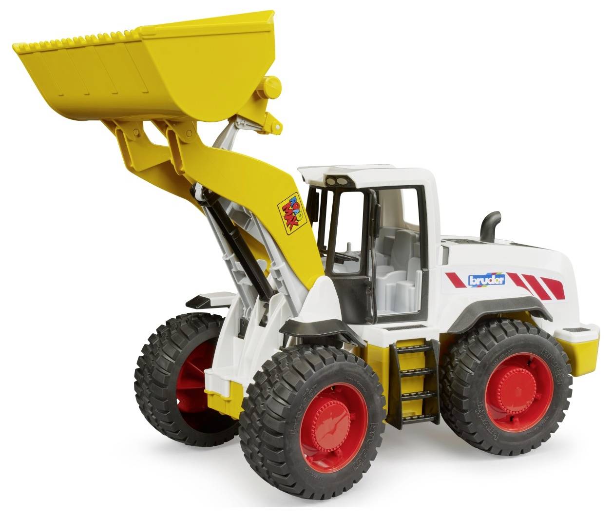 Un chargeur frontal jouet avec un seau jaune, un corps blanc, des roues rouges, et une étiquette 'bruder', montré en train de lever son seau vers le haut.