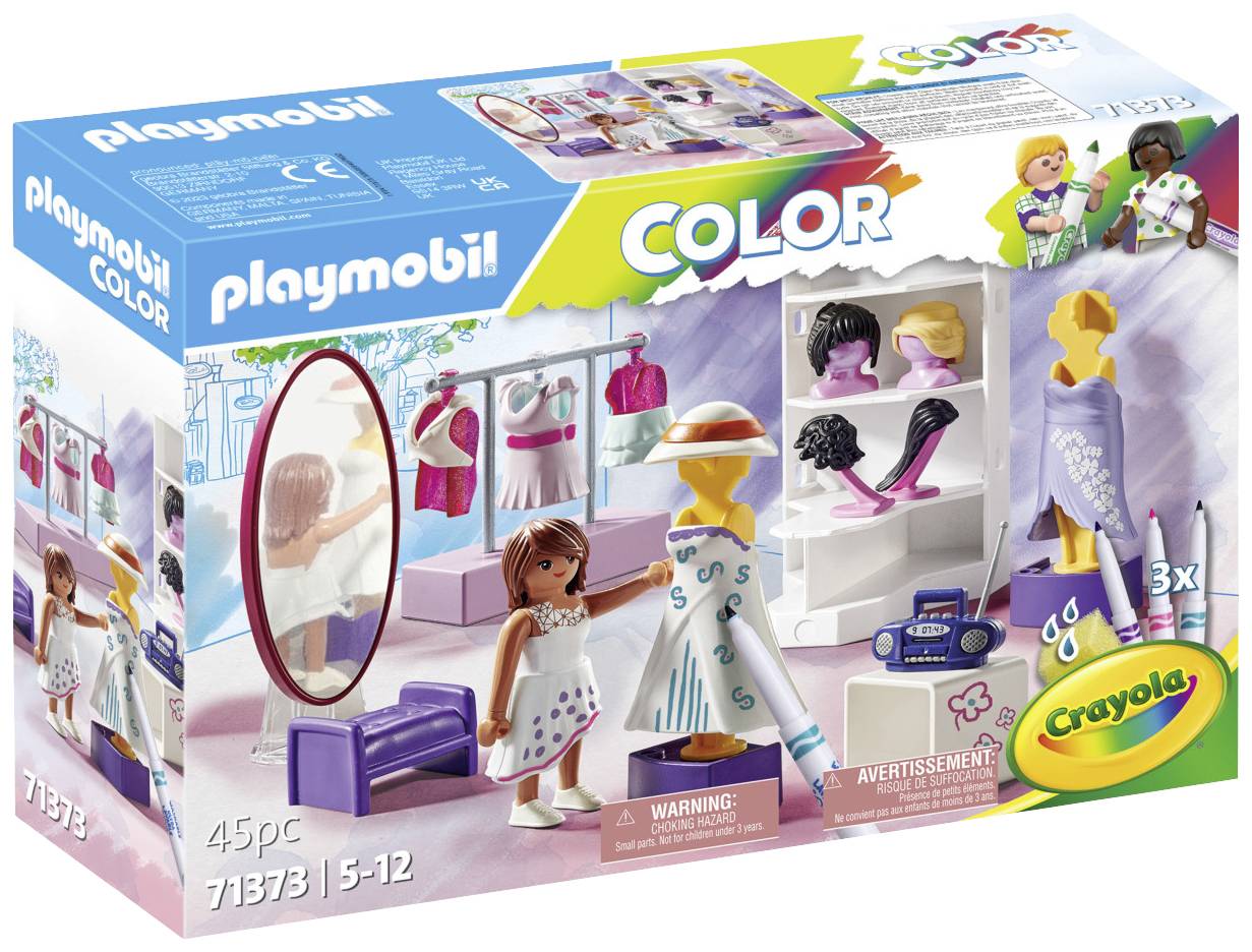 Emballage du set Color Playmobil 71373, représentant des personnages dans une boutique de mode. Contient 45 pièces, adapté aux enfants de 5 à 12 ans.