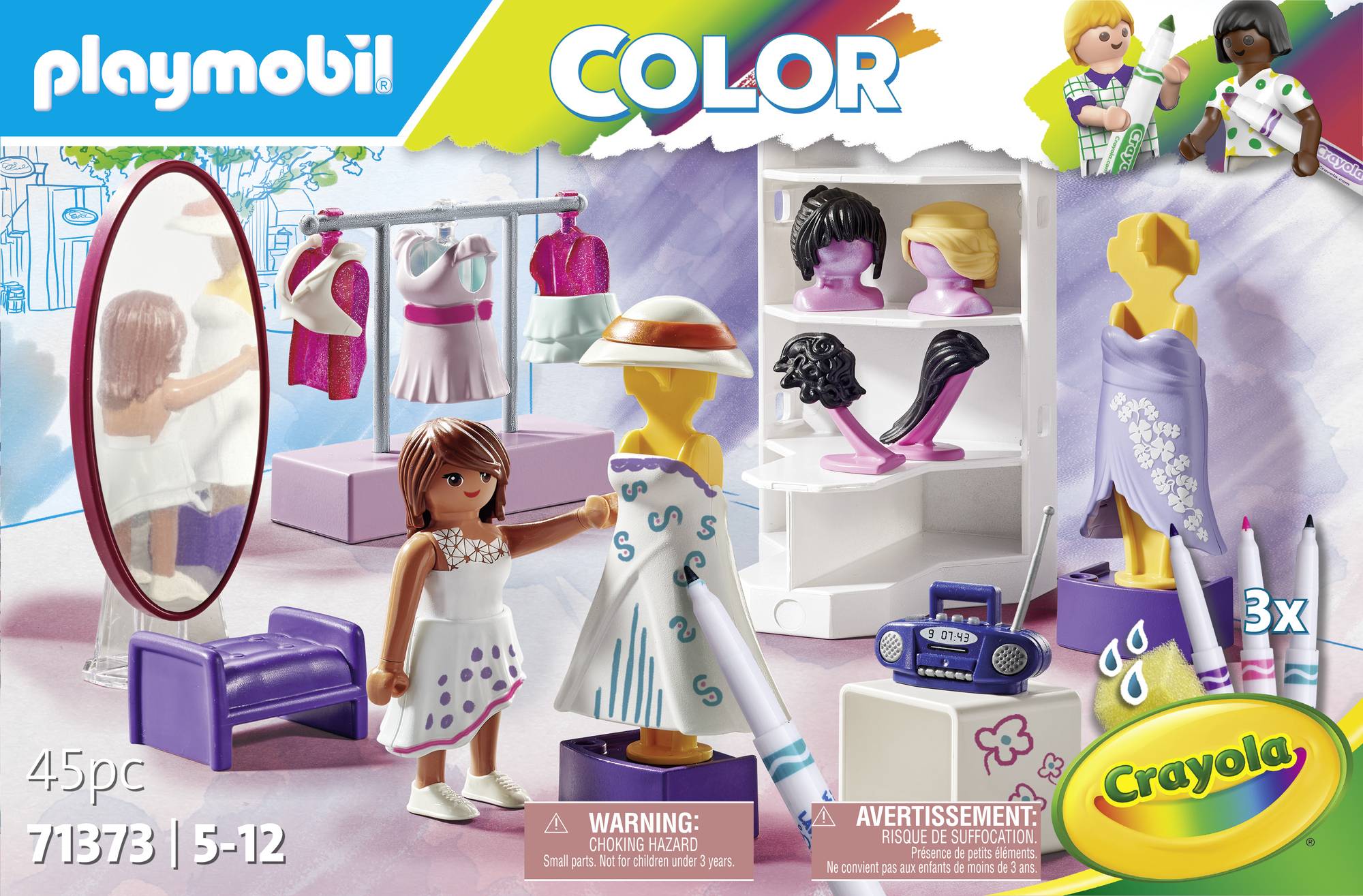 Ensemble Playmobil 'Color de Crayola' avec figurines, accessoires vestimentaires et coiffures. Comprend des aides à l'habillage et des outils créatifs de dessin. À partir de 5 ans.