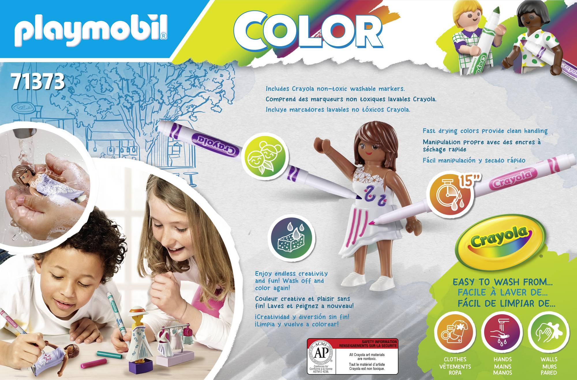 Set 'Playmobil Color' avec peintures lavables Crayola, figurines et accessoires. Les enfants peuvent peindre les figurines, facilement lavables, adapté dès 1,5 ans.