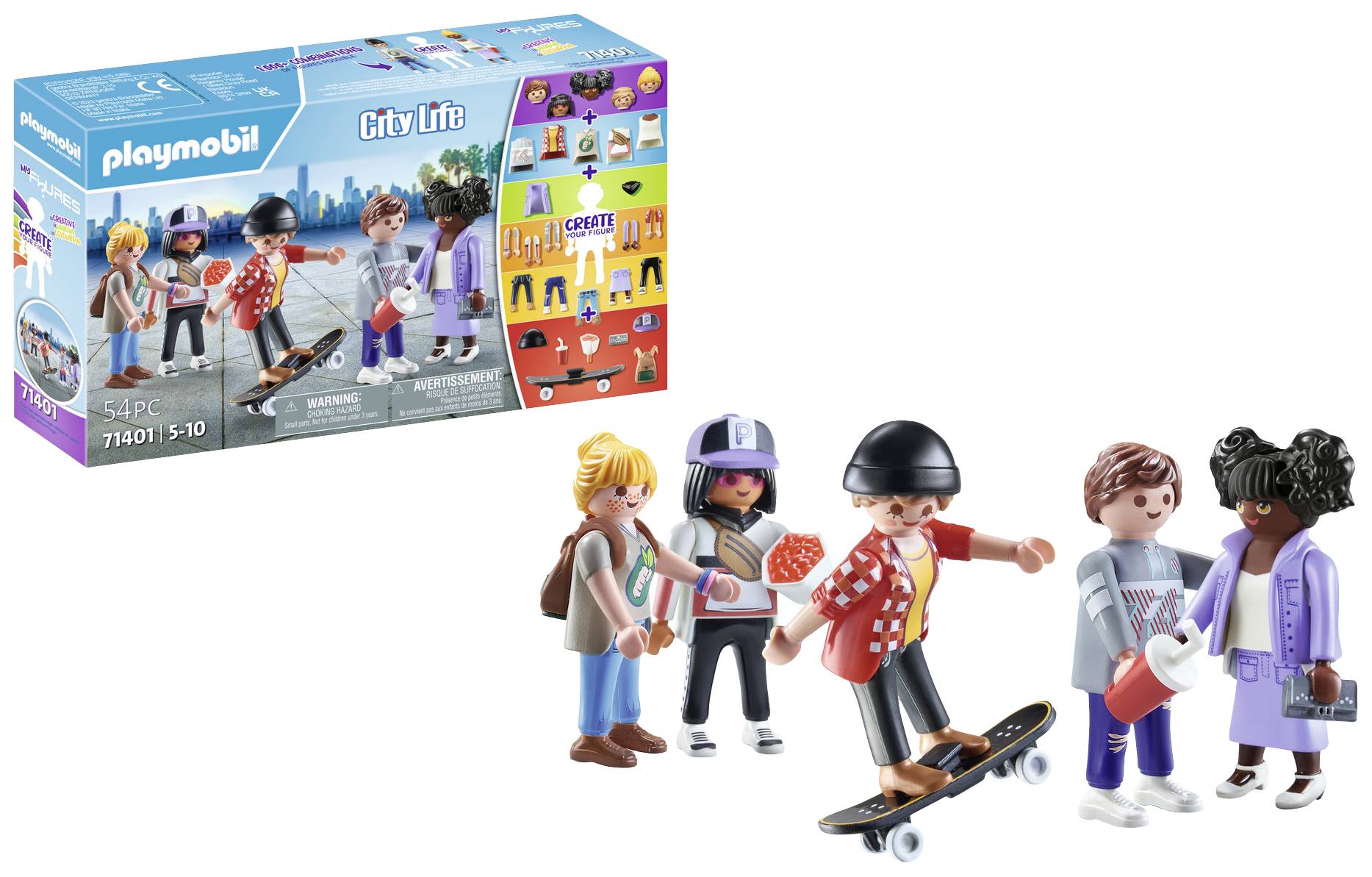 Le set Playmobil 'City Life' présente des personnages et des accessoires dans un environnement urbain. Comprend une planche à roulettes, un appareil photo et un récipient à boisson.