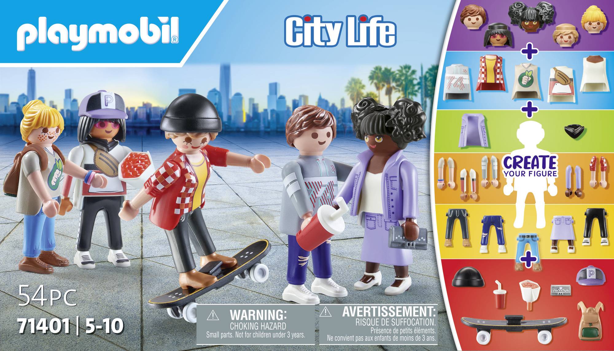 Ensemble de jeu 'Playmobil City Life' avec cinq personnages, accessoires tels que planche à roulettes et microphone. Le design de l'emballage représente une scène urbaine.