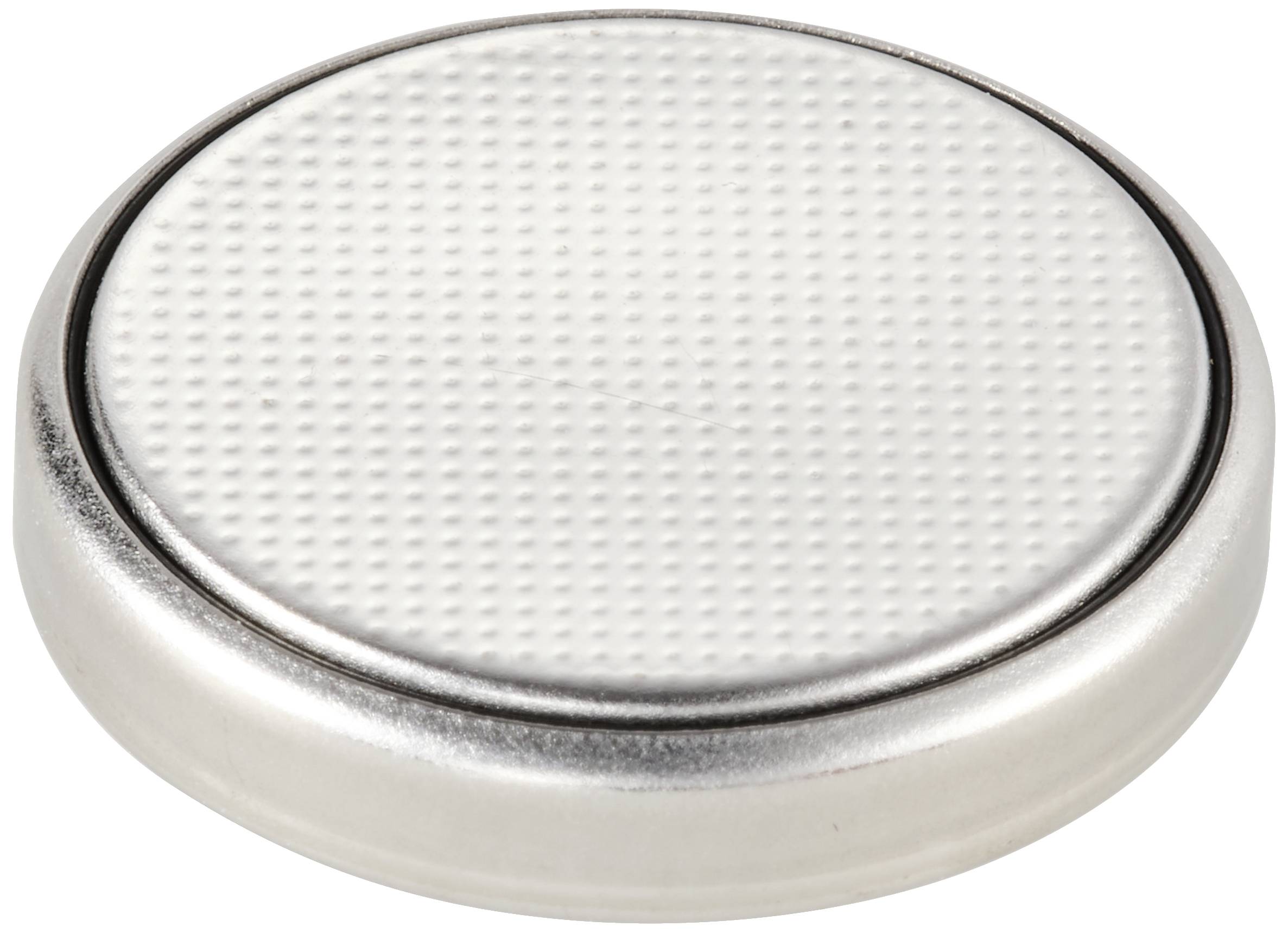 Pile bouton ronde en argent avec surface usinée, ressemblant à une pièce de monnaie.