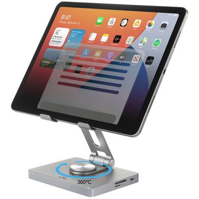 Tablette sur un support réglable avec plusieurs applications à l'écran. Le support montre une rotation à 360 degrés.