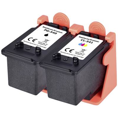 Deux cartouches d'encre noires portant les inscriptions « Remplace PG-540 » et « Remplace CL-541 », placées dans un support rouge, compatibles avec les imprimantes Canon.