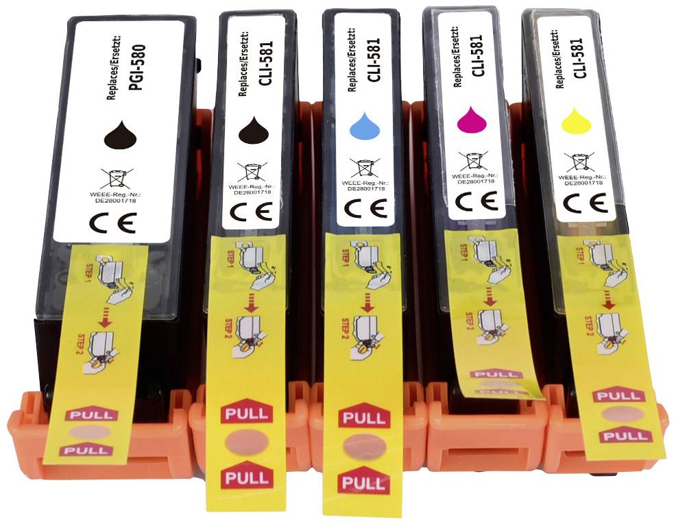 Cinq cartouches d'encre de différentes couleurs (Noir, Cyan, Magenta, Jaune) avec des films de sécurité et des étiquettes « Pull ».