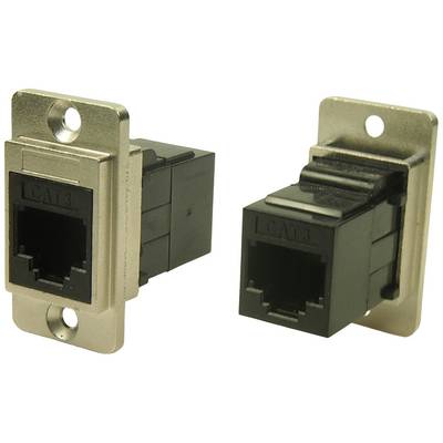 Deux prises Ethernet avec supports muraux, l'une montrant le côté avant avec l'ouverture de connexion, l'autre le côté arrière avec le port de câble.