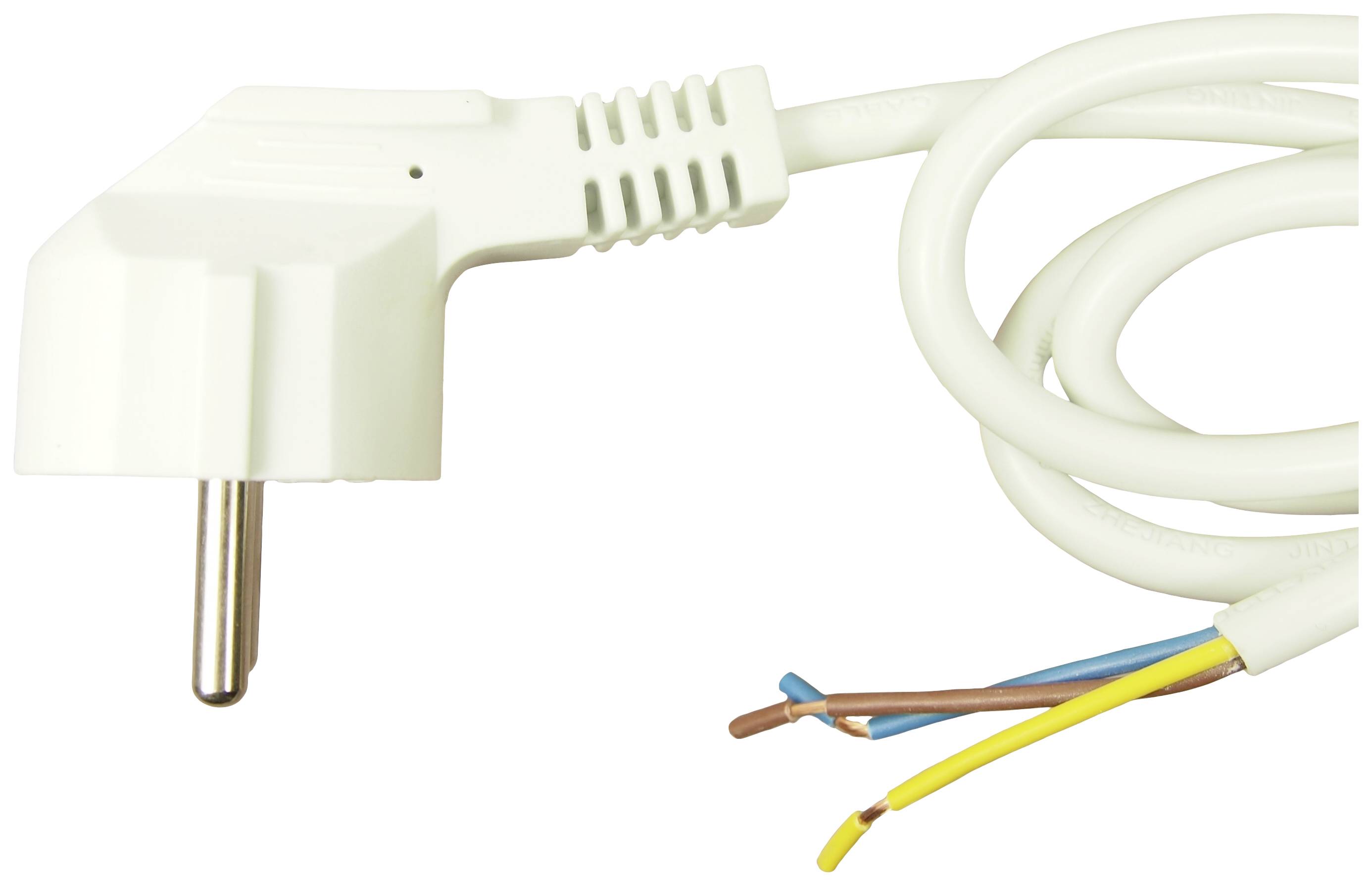 Un câble électrique blanc, coudé, avec des extrémités dénudées en marron, bleu et jaune-vert, prêt à être raccordé.