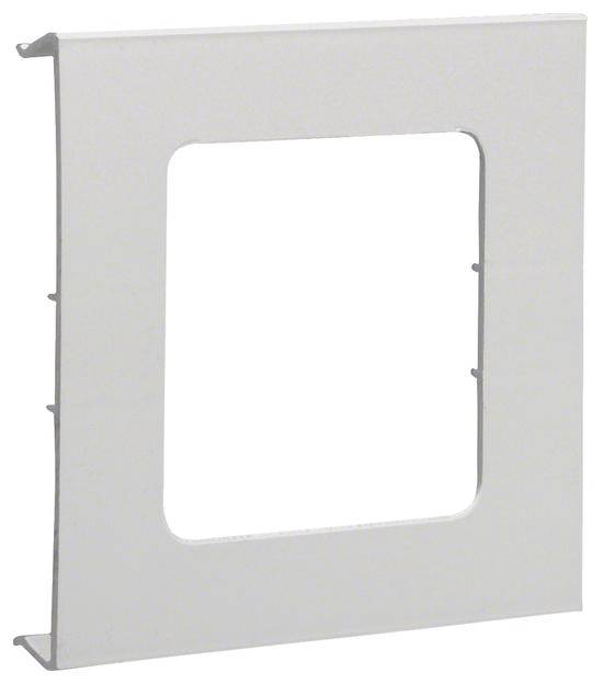 Pièce carrée en plastique grise avec une découpe rectangulaire intérieure, adaptée pour couvrir des interrupteurs ou des prises électriques.