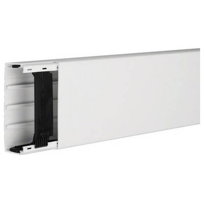 Un goulotte de câbles blanche, rectangulaire, avec un côté ouvert, révélant son intérieur. Adapté pour un câblage propre et organisé.