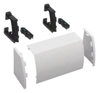 Deux supports noirs et un boîtier rectangulaire blanc avec des couvercles latéraux amovibles sont représentés.
