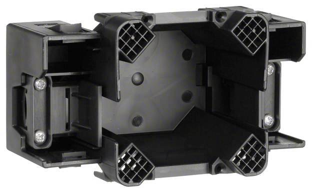 Un boîtier en plastique noir rectangulaire avec plusieurs ouvertures et points de fixation, probablement destiné à des applications électriques ou mécaniques.