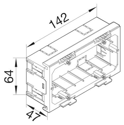 Dessin technique d'un module de boîtier rectangulaire. Dimensions : largeur 142 mm, hauteur 64 mm, profondeur 47 mm. Vues détaillées de l'intérieur.
