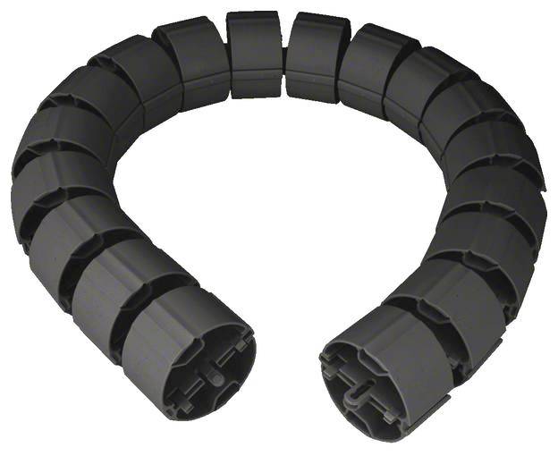 Goulotte de câbles noire, segmentée et incurvée, utilisée pour regrouper et protéger les câbles.