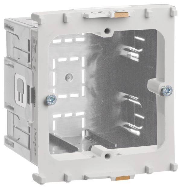 Un cadre rectangulaire en plastique gris avec des côtés ouverts et des vis intégrées, probablement utilisé comme boîtier pour des installations électriques.