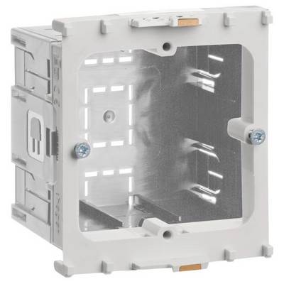Un cadre rectangulaire en plastique gris avec des côtés ouverts et des vis intégrées, probablement utilisé comme boîtier pour des installations électriques.