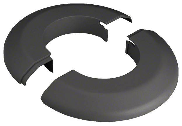 Pièce en plastique noir en deux parties, disposée de manière circulaire, probablement un cache ou un support, avec des espaces entre les segments.
