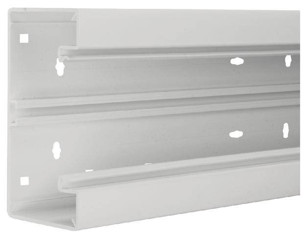 Un profilé en plastique blanc avec plusieurs rainures et trous, adapté pour le montage ou la fixation de luminaires au mur.
