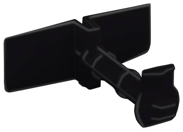 Pièce en plastique noir avec deux structures de type aileron. Il pourrait s'agir d'un composant mécanique ou technique.