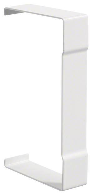 Un crochet métallique blanc rectangulaire, probablement conçu pour la suspension ou la fixation.