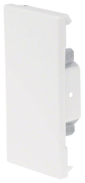 Couvercle rectangulaire blanc en plastique pour une connexion de prise électrique, avec un socle de montage métallique à gauche comportant un trou de vis.