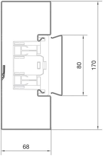 Dessin technique d'un profilé rectangulaire avec composants internes. Dimensions : largeur 68 mm, hauteur 170 mm, hauteur intérieure 80 mm.