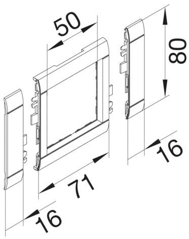 Dessin technique d'un cadre rectangulaire. Dimensions : largeur 71 mm, hauteur 80 mm, profondeur 16 mm. Comprend deux vues latérales.
