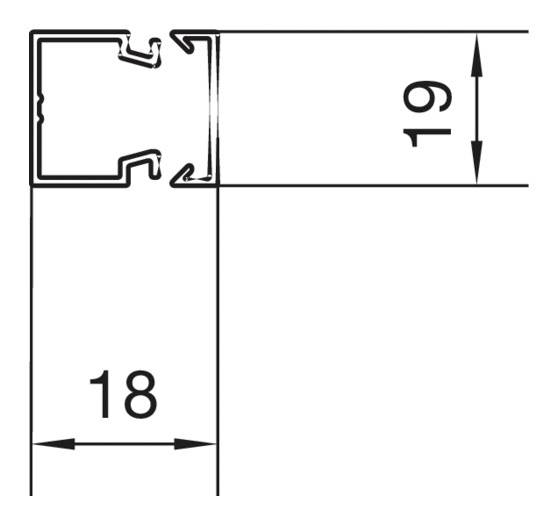 Dessin technique d'un profil avec dimensions : largeur 18 mm et hauteur 19 mm. Présente une vue latérale de la structure du profil.