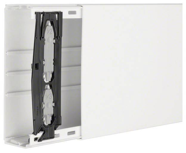 Une couverture de protection en plastique blanc avec un support noir partiellement ouvert, utilisé pour la gestion des câbles dans les systèmes de montage mural.