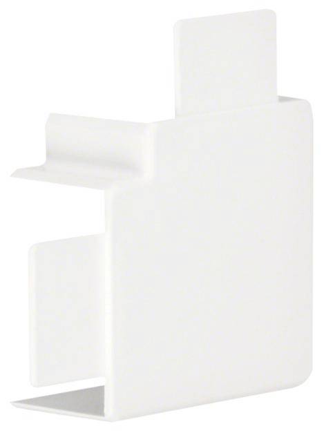 Angle de connexion en plastique blanc pour un système de goulotte de câbles, de forme rectangulaire avec des bords arrondis.