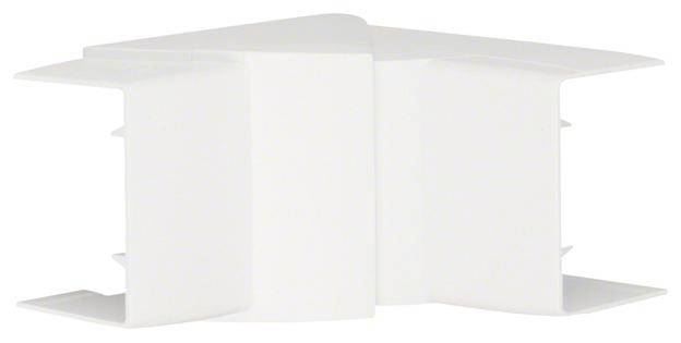 Un connecteur d'angle blanc, de type plastique, avec plusieurs fentes d'insertion.