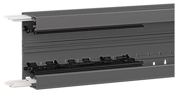 Glissière métallique de couleur sombre, avec mécanisme de coulissement et supports, conçue pour une utilisation dans les meubles.