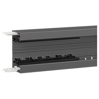 Glissière métallique de couleur sombre, avec mécanisme de coulissement et supports, conçue pour une utilisation dans les meubles.