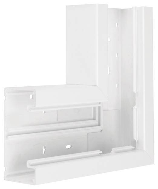 Un profilé d'angle en plastique blanc pour la fabrication de meubles ou de fenêtres, doté de plusieurs rails et trous de fixation pour un montage facile.