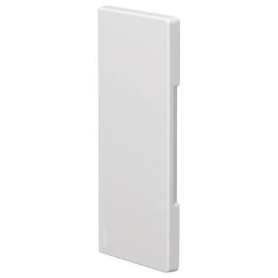 Une pièce en plastique blanche rectangulaire, lisse et plate. Elle a des coins arrondis et une petite encoche sur un côté.