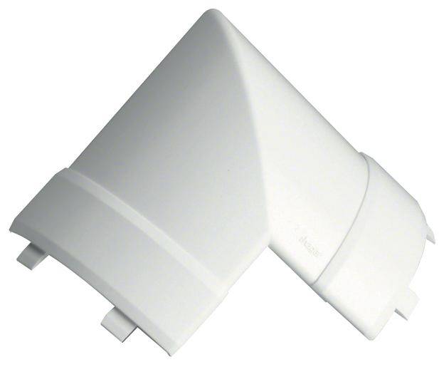 Un angle en plastique blanc pour goulottes de câbles, qui permet un virage à 90 degrés. Il sert à raccorder proprement des sections de parcours de câbles.