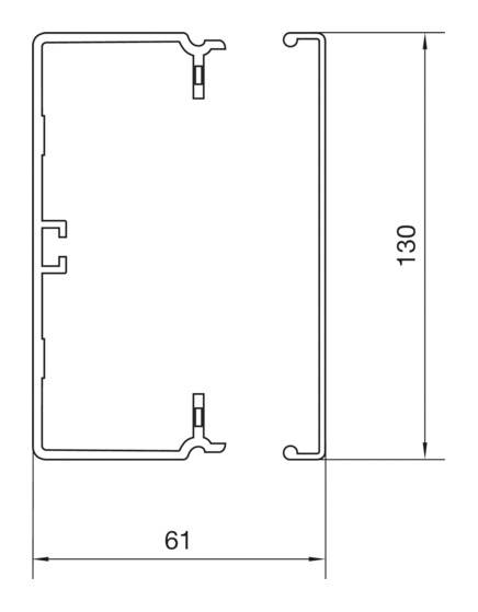 Dessin technique d'un profilé rectangulaire en aluminium avec des dimensions de 61x130 mm, présentant la coupe transversale et les points de fixation.