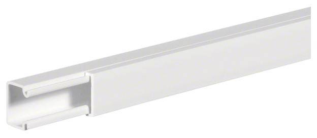 Goulotte droite en plastique blanc avec côté ouvert, adaptée pour le passage de câbles dans les habitations ou les bureaux.