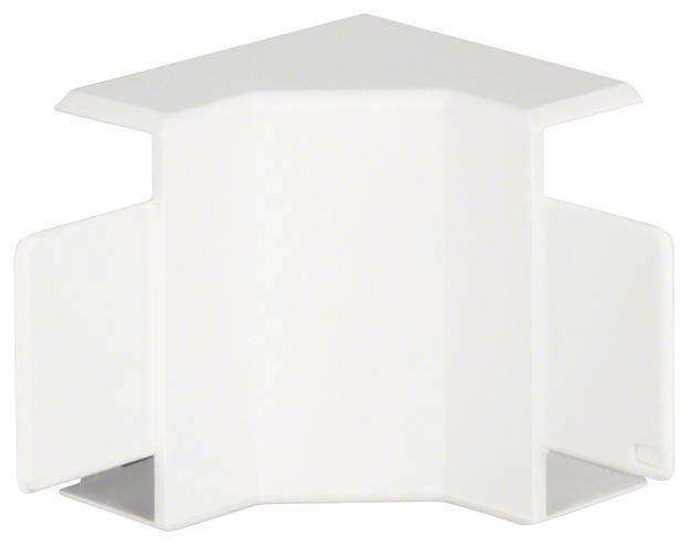 Couvercle en plastique blanc triangulaire avec pattes de fixation latérales, probablement utilisé pour la gestion des câbles ou la protection des angles.
